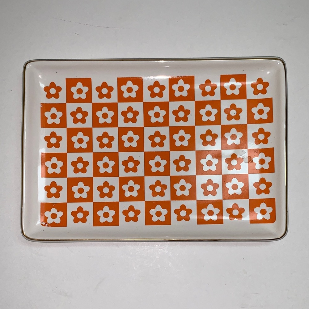 Orange and White Floral Checkered Tray